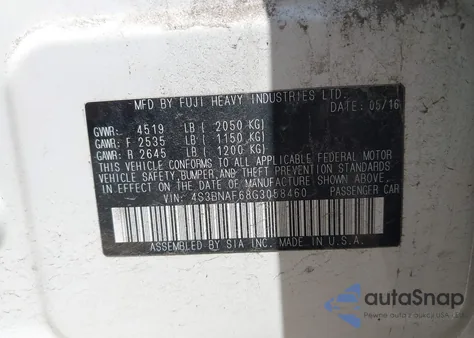 2016 Subaru Legacy 2.5I Premium from USA, damaged, VIN 4S3BNAF68G3058460